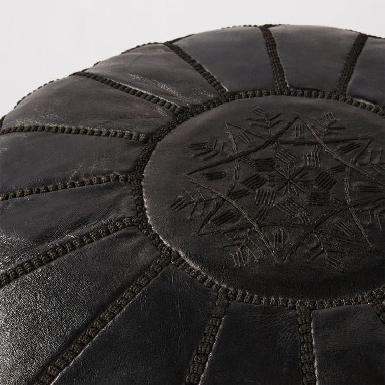 Genuine Leather Round Floral Pouf Ottoman - Black