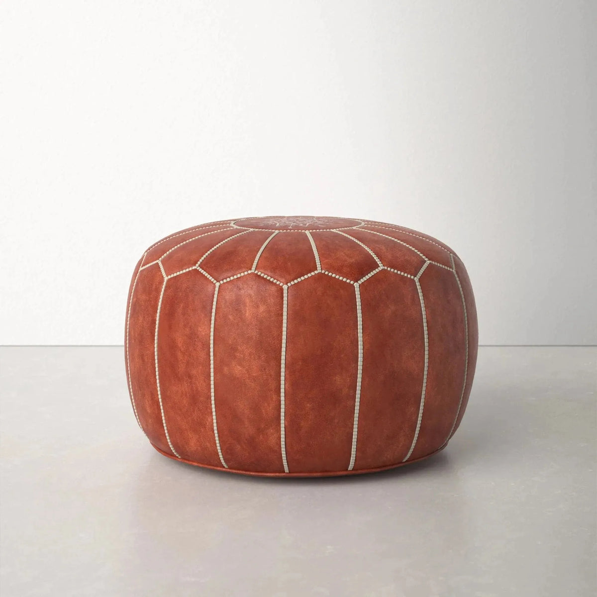 Genuine Leather Round Floral Pouf Ottoman - Brown