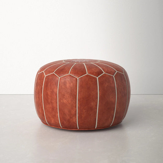 Genuine Leather Round Floral Pouf Ottoman - Brown - MAIA HOMES