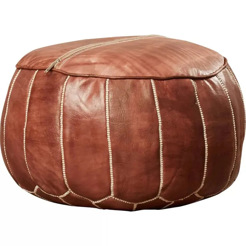 Genuine Leather Round Floral Pouf Ottoman - Brown