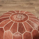 Genuine Leather Round Floral Pouf Ottoman - Brown