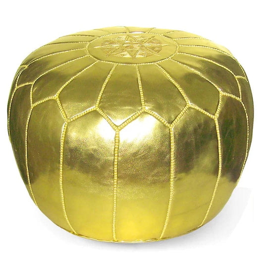 Genuine Leather Round Floral Pouf Ottoman - Gold - MAIA HOMES