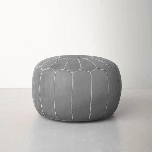 Genuine Leather Round Floral Pouf Ottoman - Gray - MAIA HOMES