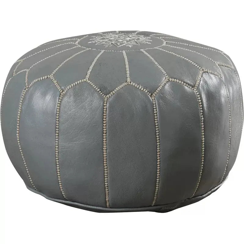 Genuine Leather Round Floral Pouf Ottoman - Gray