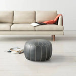 Genuine Leather Round Floral Pouf Ottoman - Gray