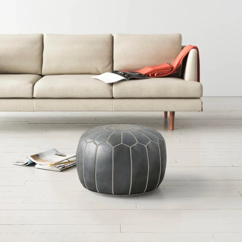 Genuine Leather Round Floral Pouf Ottoman - Gray - MAIA HOMES