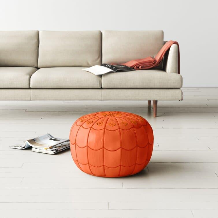 Genuine Leather Round Floral Pouf Ottoman - Orange Cover + Filling