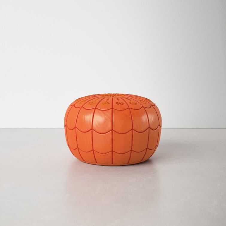 Genuine Leather Round Floral Pouf Ottoman - Orange