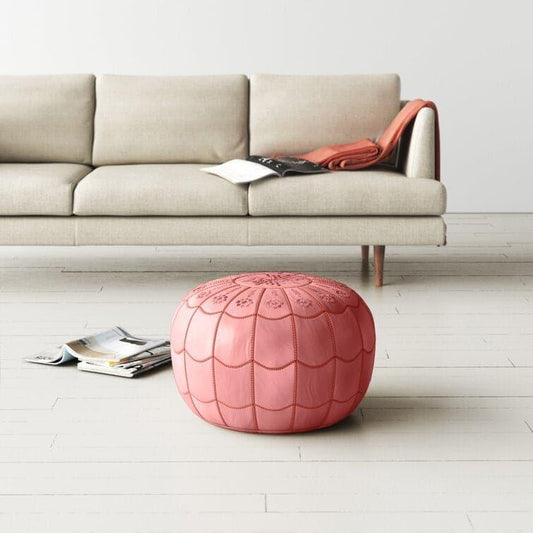 Genuine Leather Round Floral Pouf Ottoman - Pink - MAIA HOMES