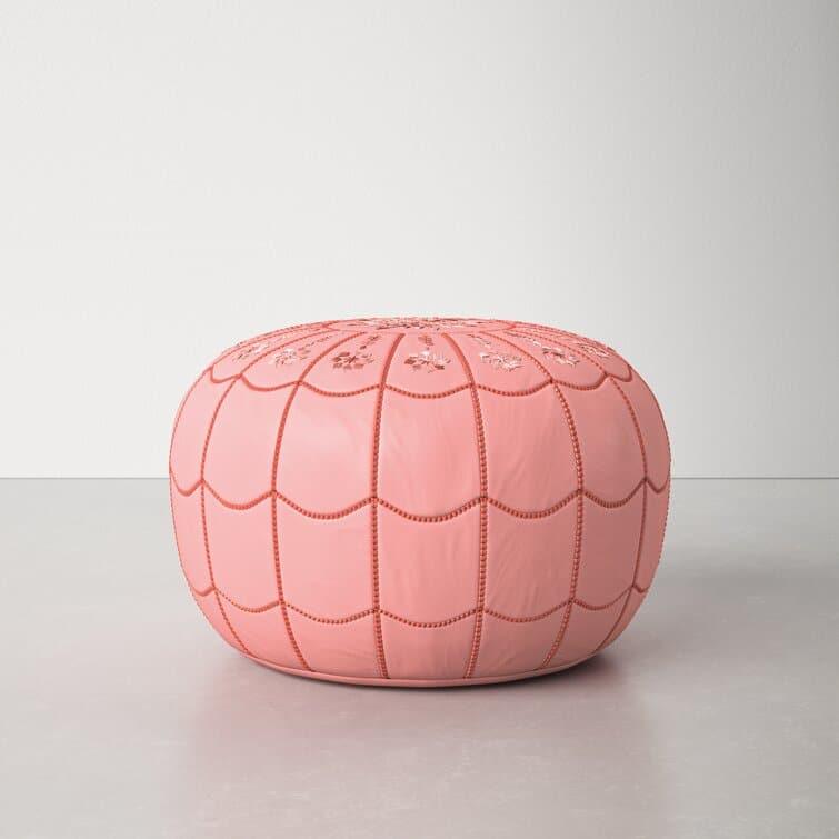 Genuine Leather Round Floral Pouf Ottoman - Pink - MAIA HOMES