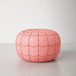 Genuine Leather Round Floral Pouf Ottoman - Pink