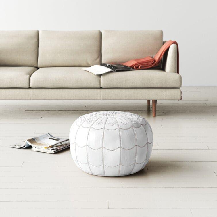 Genuine Leather Round Floral Pouf Ottoman - White