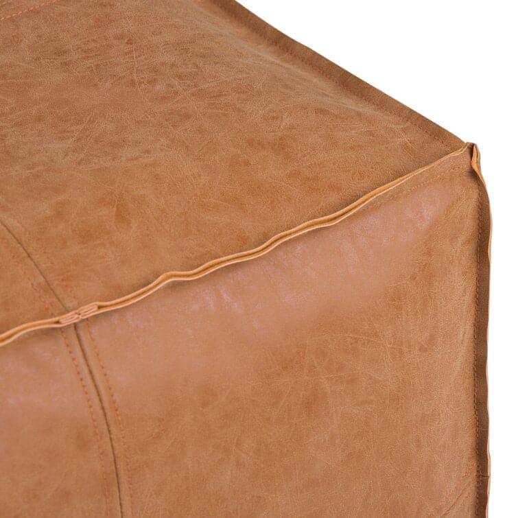 Genuine Leather Square Pouf Ottoman - Light Brown