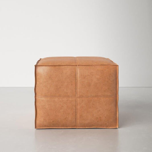 Genuine Leather Square Pouf Ottoman - Light Brown - MAIA HOMES