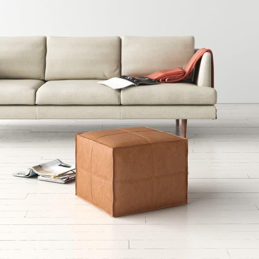 Genuine Leather Square Pouf Ottoman - Light Brown - MAIA HOMES