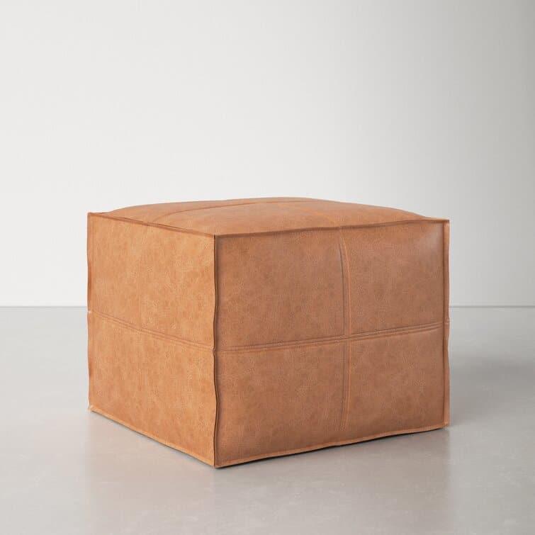 Genuine Leather Square Pouf Ottoman - Light Brown