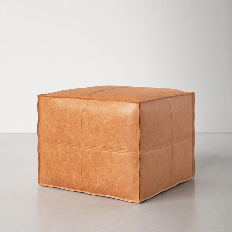 Genuine Leather Square Pouf Ottoman - Light Brown