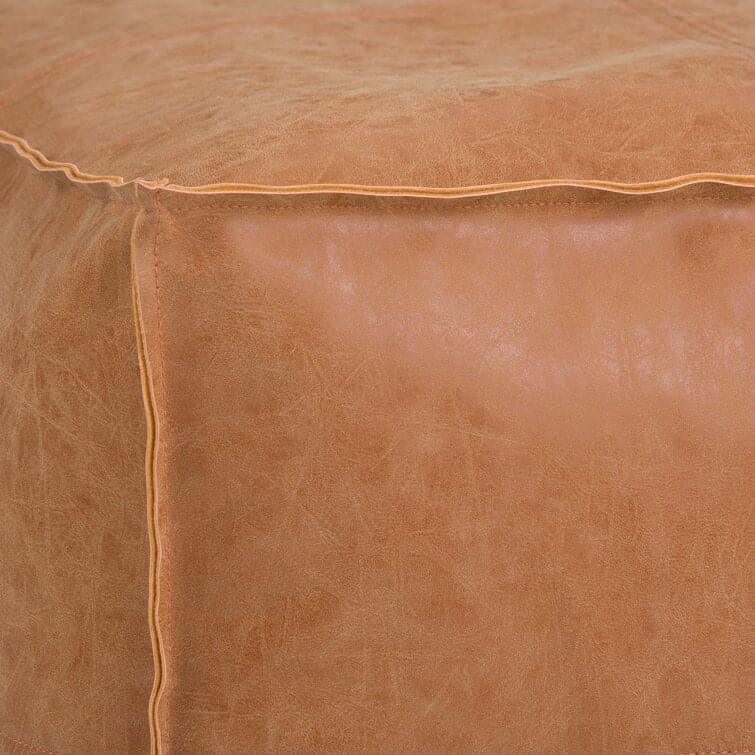 Genuine Leather Square Pouf Ottoman - Light Brown