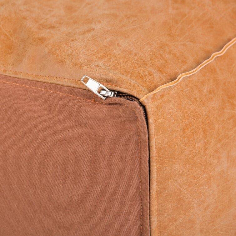 Genuine Leather Square Pouf Ottoman - Light Brown