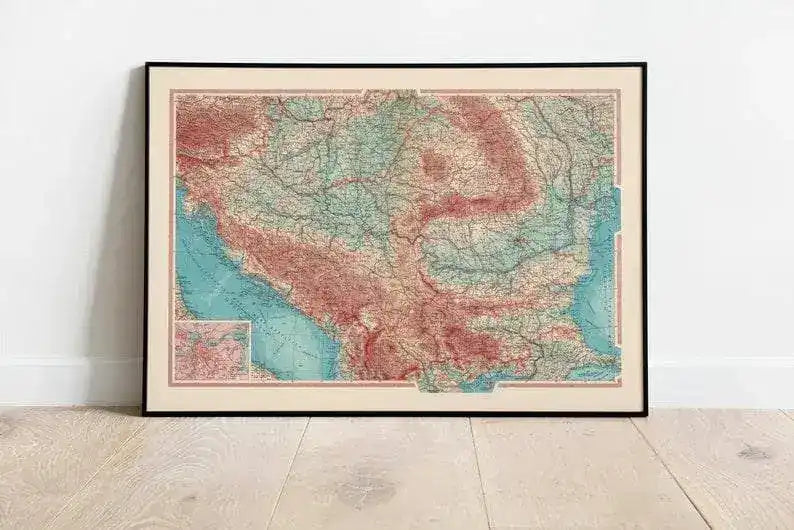 Geographical Map of Yugoslavia and Danube Region| Map Wall Decor