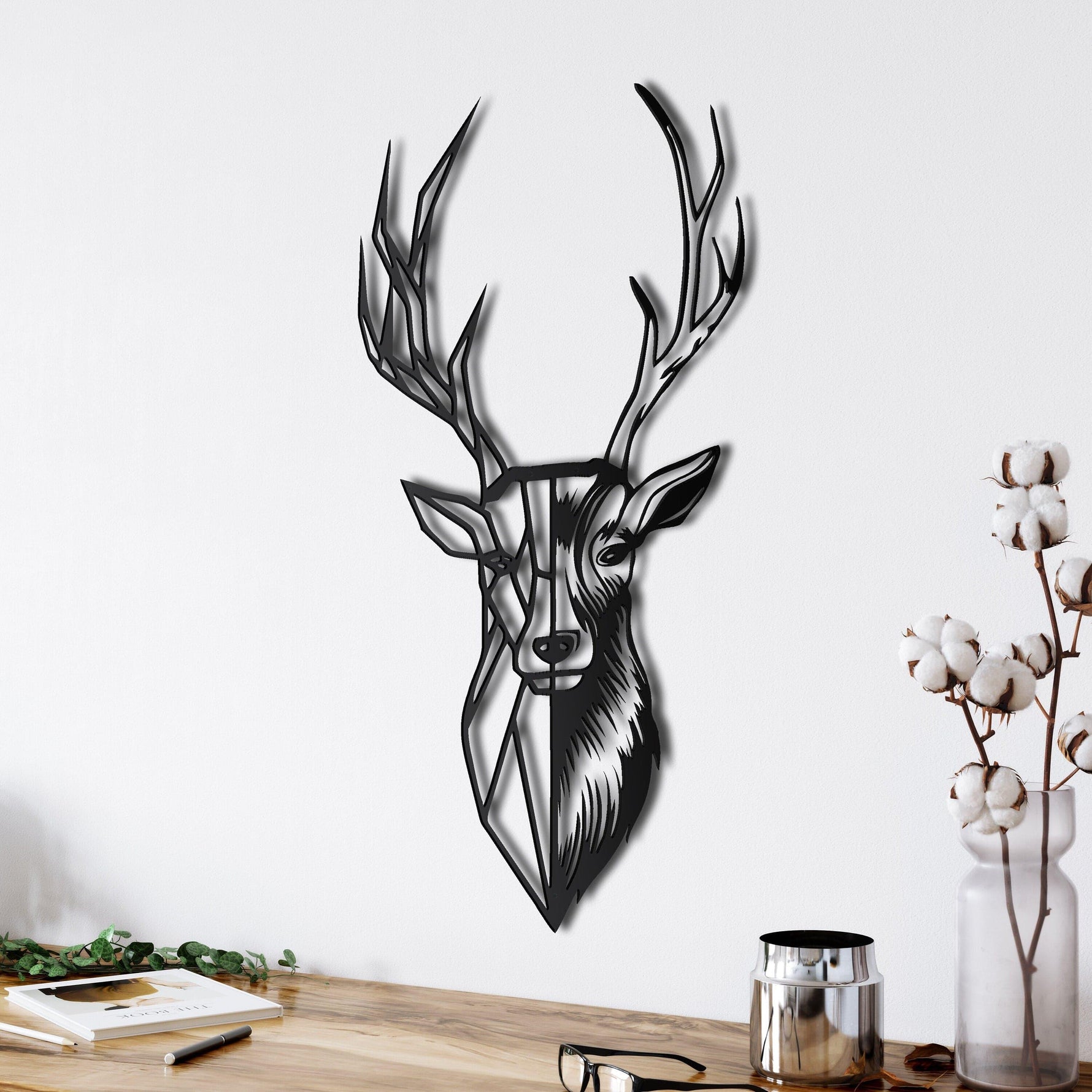 Geometric Deer Head with Antlers Metal Wall Art