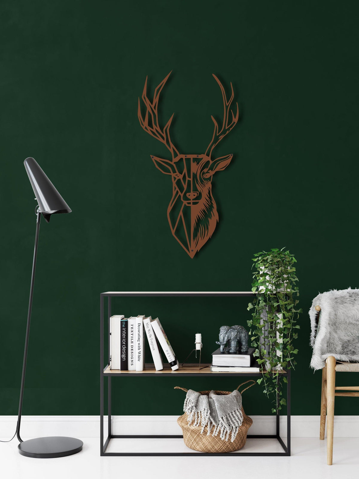 Geometric Deer Head with Antlers Metal Wall Art