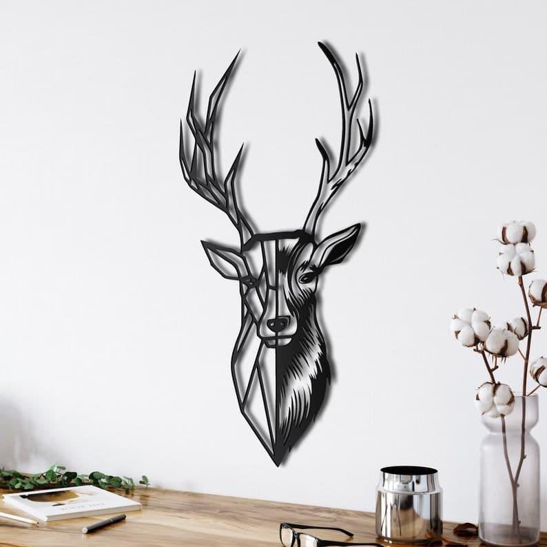 Geometric Deer Head with Antlers Metal Wall Art Black