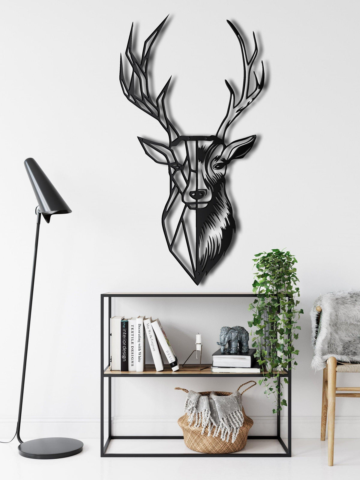 Geometric Deer Head with Antlers Metal Wall Art