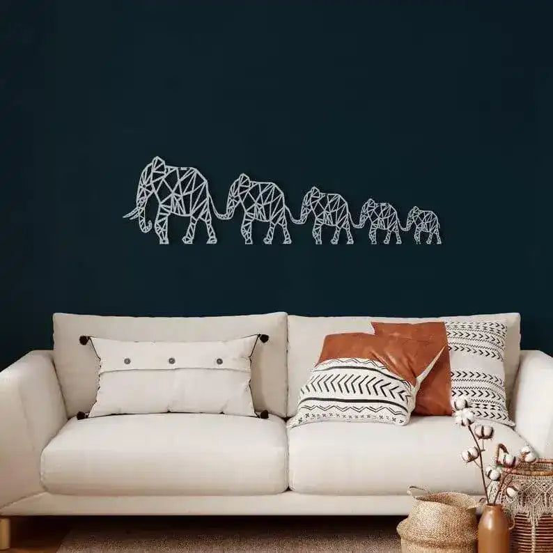 Geometric Elephant Family Metal Wall Decor Silver