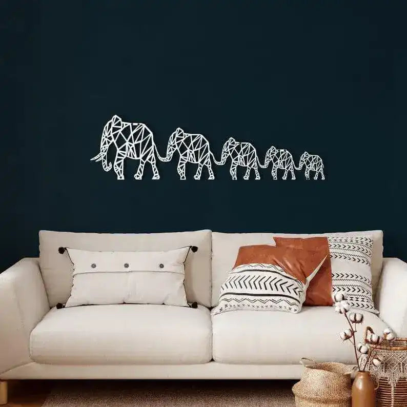 Geometric Elephant Family Metal Wall Decor White