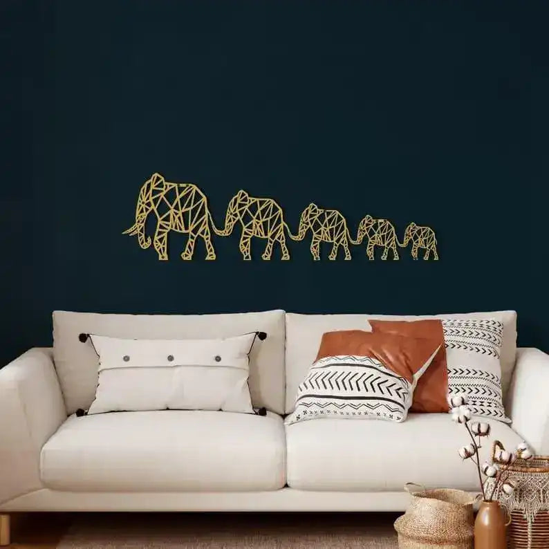 Geometric Elephant Family Metal Wall Decor Gold