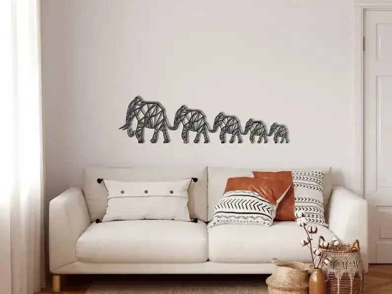 Geometric Elephant Family Metal Wall Decor Black