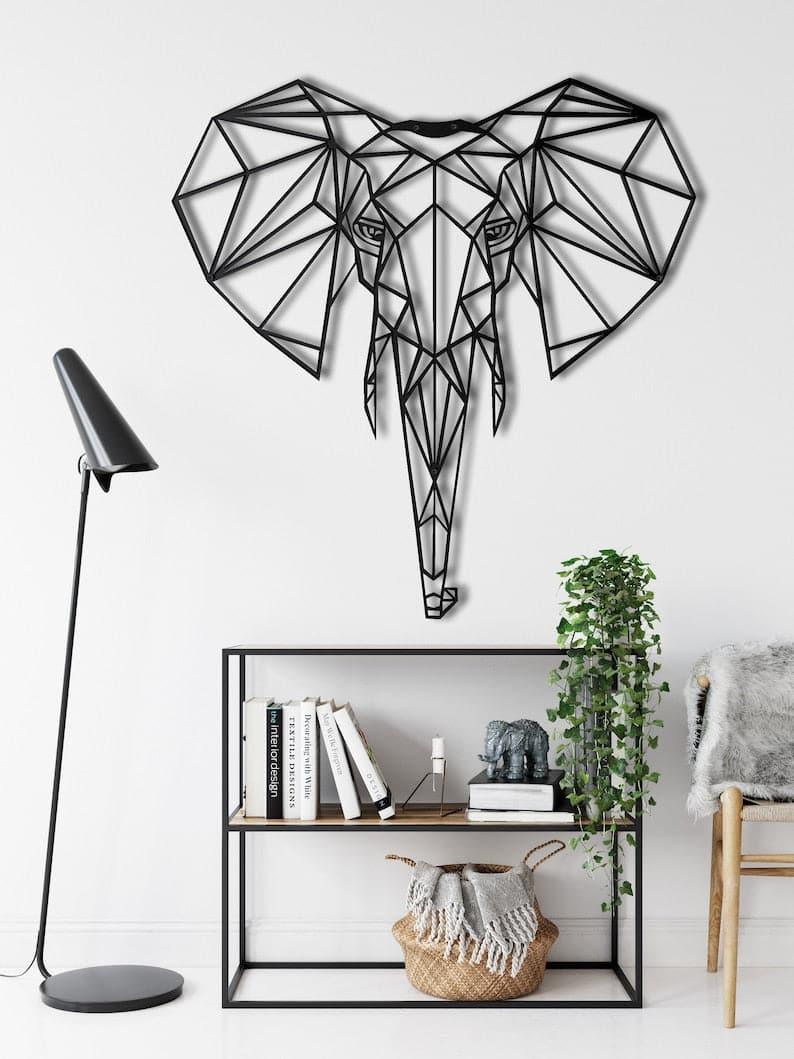 Geometric Elephant Head Metal Wall Art Black