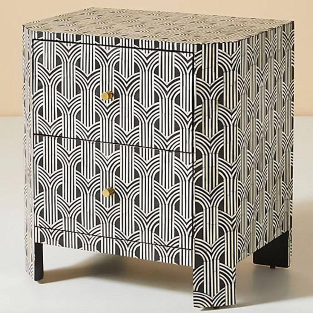 Geometrical Brass Bone Inlay 2 Drawer Night Stand