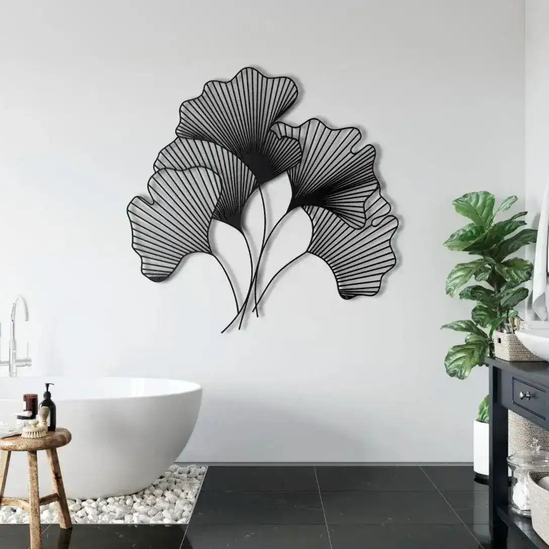 Ginkgo Bilbao Leaf Flower Metal Wall Hanging Decor Black