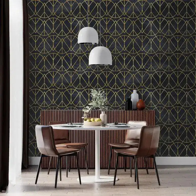 Gold and Black Watercolor Art Deco Geometric Wallpaper