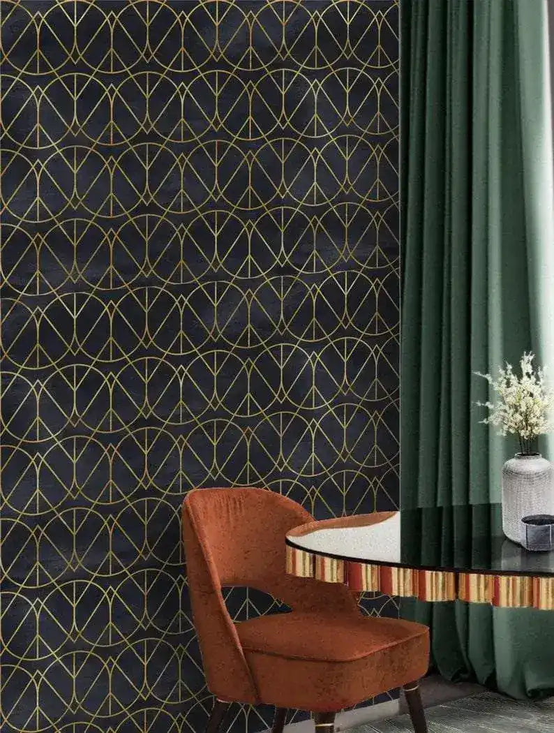 Gold and Black Watercolor Art Deco Geometric Wallpaper