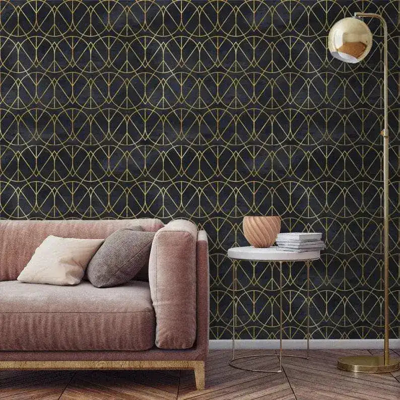 Gold and Black Watercolor Art Deco Geometric Wallpaper