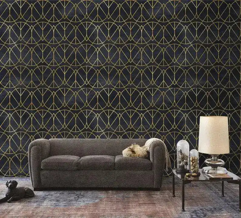 Gold and Black Watercolor Art Deco Geometric Wallpaper