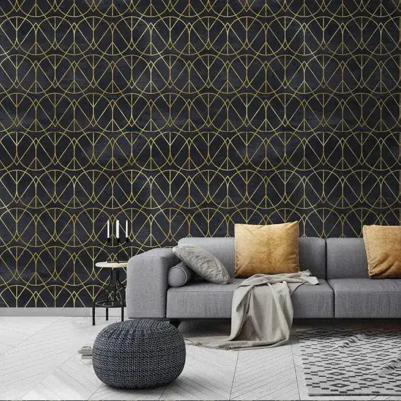 Gold and Black Watercolor Art Deco Geometric Wallpaper