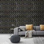 Gold and Black Watercolor Art Deco Geometric Wallpaper