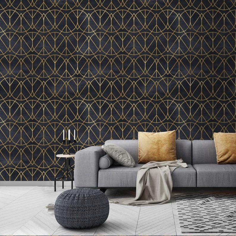 Gold and Black Watercolor Art Deco Geometric Wallpaper - MAIA HOMES
