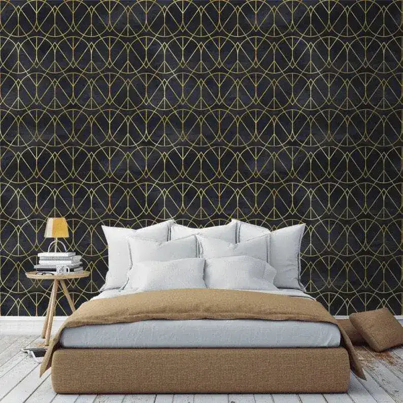 Gold and Black Watercolor Art Deco Geometric Wallpaper