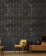 Gold and Black Watercolor Art Deco Geometric Wallpaper