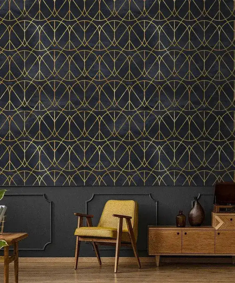 Gold and Black Watercolor Art Deco Geometric Wallpaper