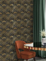 Gold and Black Watercolor Art Deco Pattern Wallpaper