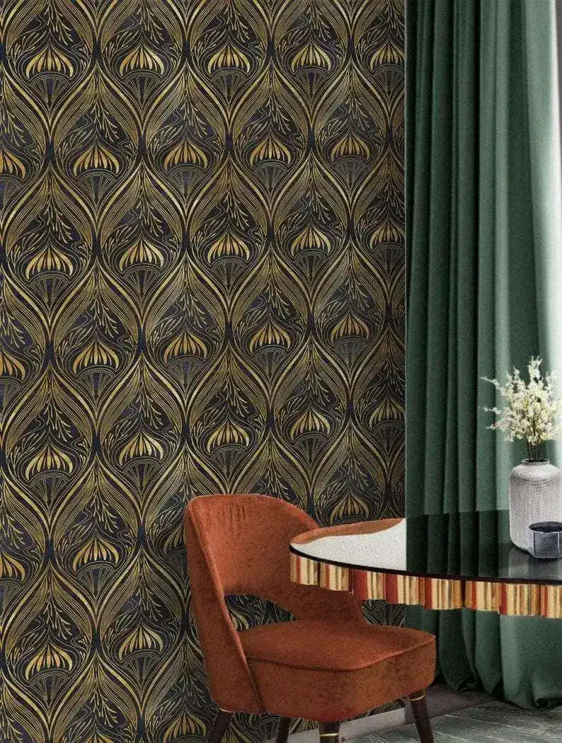 Gold and Black Watercolor Art Deco Pattern Wallpaper