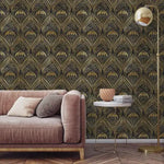 Gold and Black Watercolor Art Deco Pattern Wallpaper