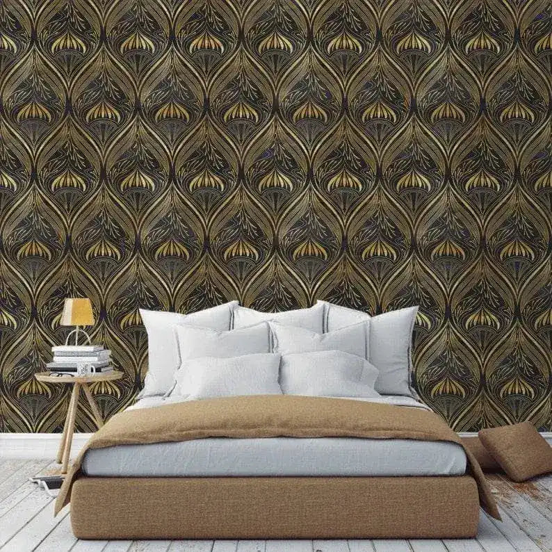 Gold and Black Watercolor Art Deco Pattern Wallpaper