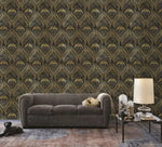 Gold and Black Watercolor Art Deco Pattern Wallpaper